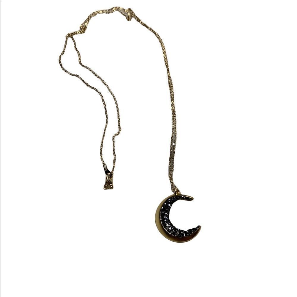 Goldtone Crescent Moon Pendant Necklace Black Crystal Accent 30” Chain - Picture 4 of 6